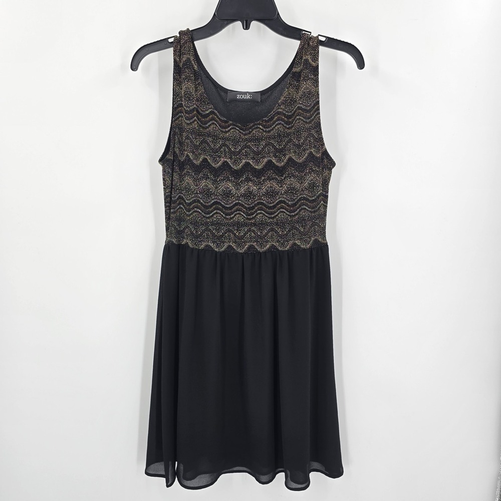 Zouk Dress Womens Medium Gold‎ Silver Simmer Tank Sheer Black